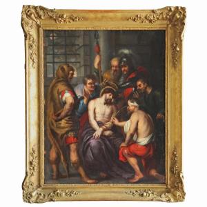 Antoon Van Dyck scuola di, Anversa 1599 - Londra 1641; L'incoronazione di spine, olio su rame