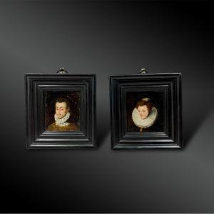 French School Of The 19th Century - Miniature Portraits Of The King And Queen Of Navarre