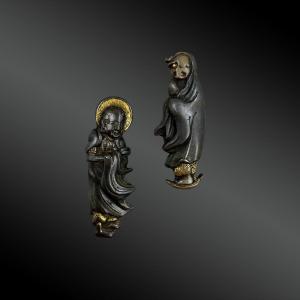 Pair Of Menuki With Monks Motif, Signed Japan 19th Century