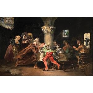 French School Of The 19th Century Arm Wrestling In Tavern Oil On Panel Signed At The Bottom 