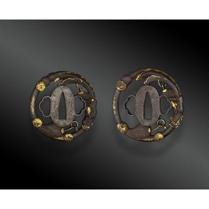 Pair Of Tsuba For Daisho, With The Seiryu Engetsu Sword Motif. Signed Japan - Edo Period