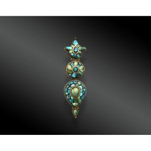 Silver And Turquoise Ear Pendant, Tibet China, Tibet, Early 20th Century