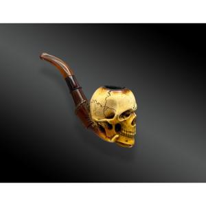 Meerscraft Tobacco Pipe Carved With A Skull Held By A Hand, Vanity.