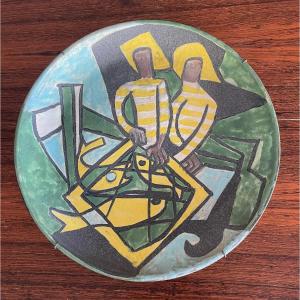 "back From Fishing" Large Dish By Les Argonautes Vallauris
