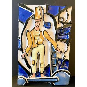 The Blue Mime, Ceramic Bas-relief By Roland Brice, 1959