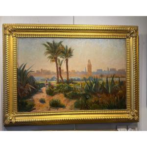 Orientalist View Signed L. Cros Oasis At Dusk – (early 20th Century)