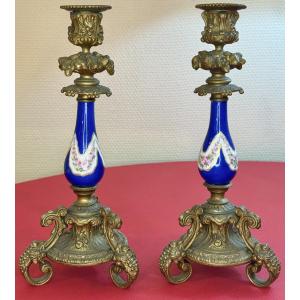 Pair Of Bronze And Porcelain Candlesticks - Napoleon III Period