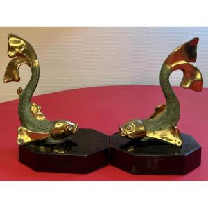 Pair Of Art Deco Bookends – Stylized Bronze Fish, 20th Century