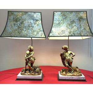 Pair Of Gilt Bronze Lamps – Childish Allegories, Napoleon III Period – 19th Century