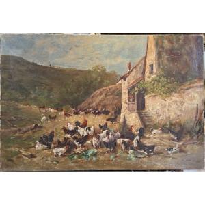 "lively Farmyard In Front Of A Farm - A. Goualin, 19th Century (napoleon III Period)"