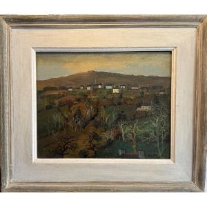 Landscape Paintings "village At Sunset"