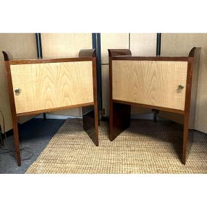 Pair Of Art Deco Bedside Tables In Rio Rosewood – Gilt Brass Handles (20th Century)