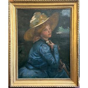 Portrait Of An Elegant Woman With A Hat – Oil On Canvas, Art Nouveau (20th Century)