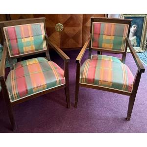 Pair Of Art Deco Armchairs In Wood And Fabric, 1900s - Authentic Elegance And Charm