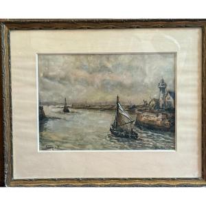 Marine Watercolor Of Honfleur, 1957 – Art Nouveau, Watercolor On Cardboard