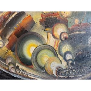 Modern Abstract Painting Signed Polimeno – Oil On Canvas, 1987