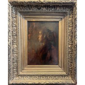 Portrait Of A Young Woman In Profile - Oil On Panel - Art Nouveau Period, Late 19th Century - Ca
