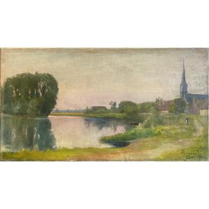 Lively Waterside Landscape - Oil On Canvas - Late 19th Century