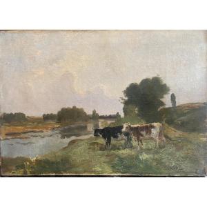 Landscape With Cows By The River - Oil On Canvas - Art Nouveau Late 19th Century