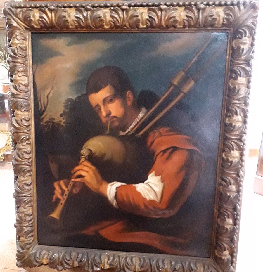 Dipinto olio su tela suonatore di cornamusa manifattura Olandese 