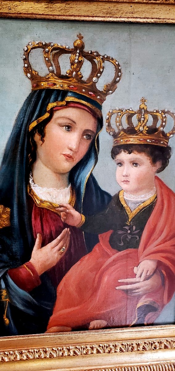 Dipinto olio su tela raffigurante Madonna con Bambino-photo-3