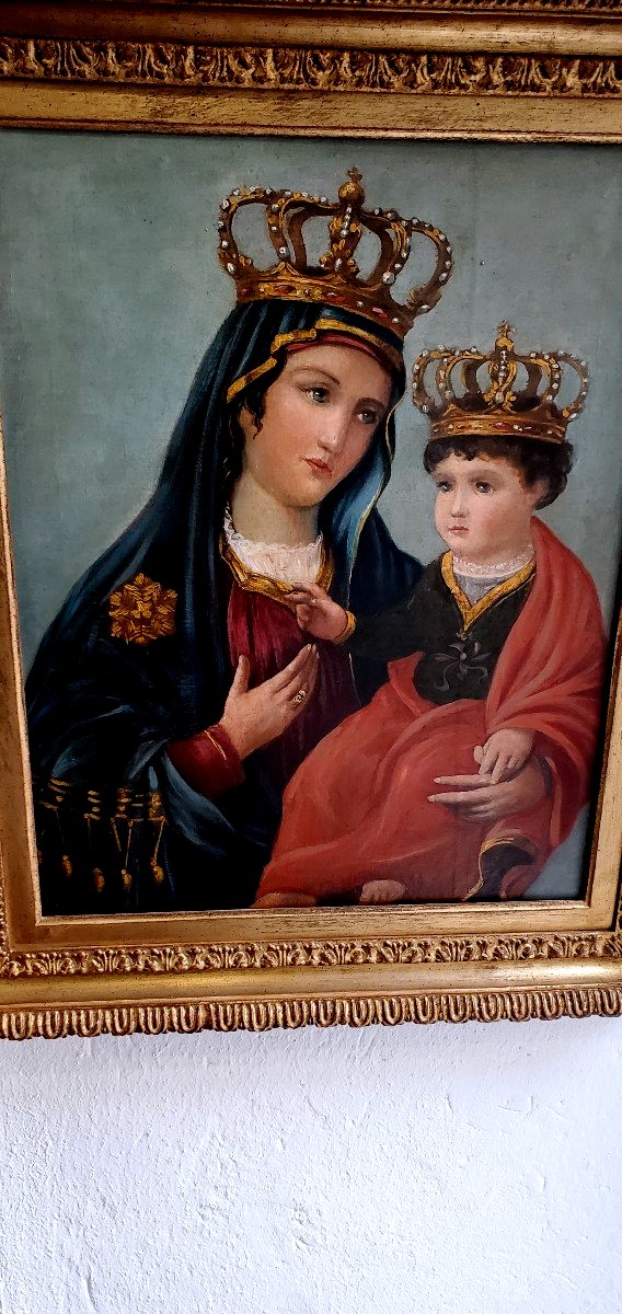 Dipinto olio su tela raffigurante Madonna con Bambino-photo-4