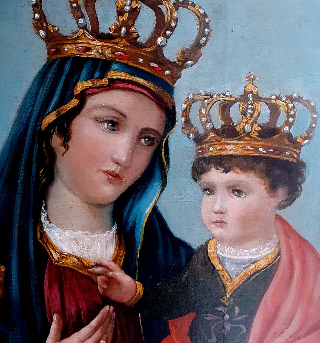 Dipinto olio su tela raffigurante Madonna con Bambino-photo-2