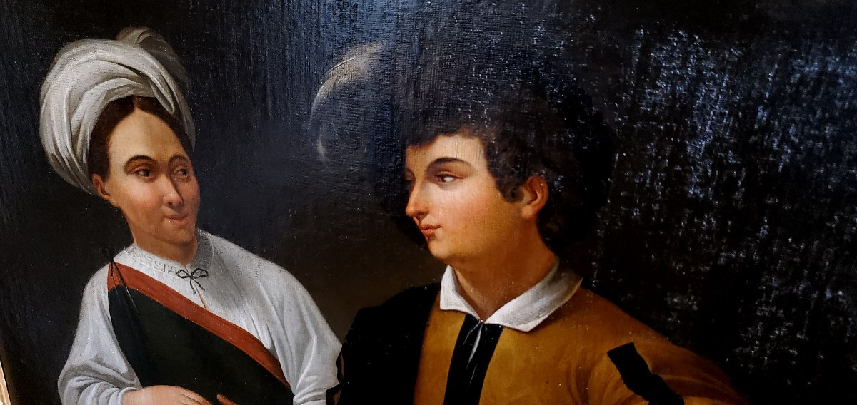 Dipinto olio su tela epoca 1850  raffigurante la buona fortuna di Caravaggio -photo-2