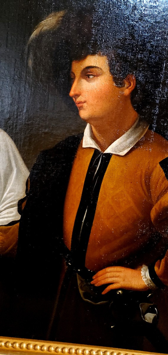 Dipinto olio su tela epoca 1850  raffigurante la buona fortuna di Caravaggio -photo-3