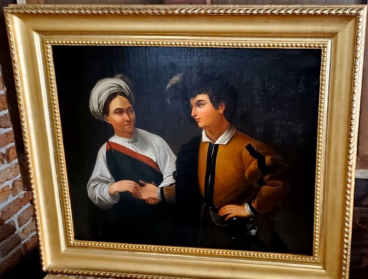 Dipinto olio su tela epoca 1850  raffigurante la buona fortuna di Caravaggio -photo-4