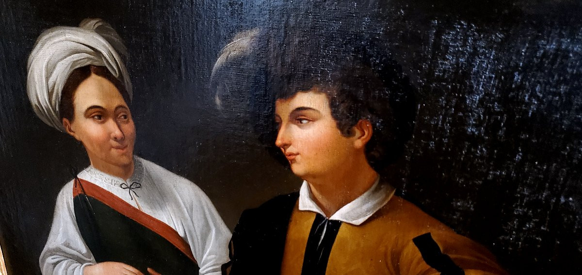 Dipinto olio su tela epoca 1850  raffigurante la buona fortuna di Caravaggio -photo-2