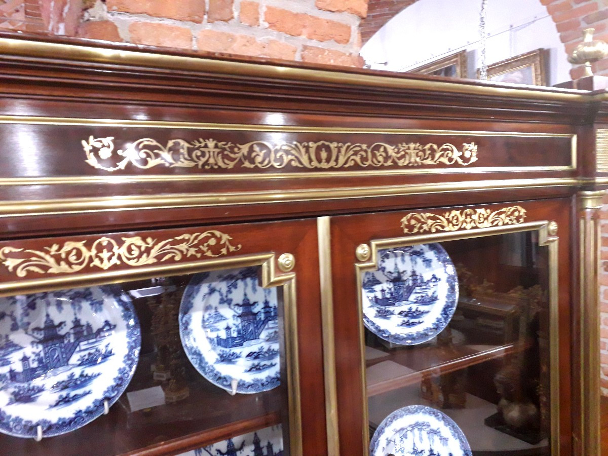 libreria Napoleone III in mogano intarsiata in ottone cesellato-photo-2