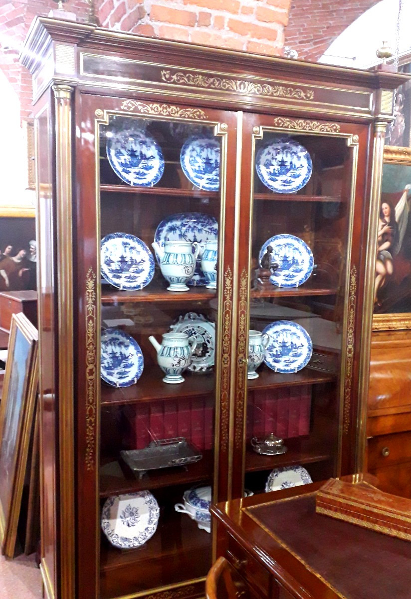 libreria Napoleone III in mogano intarsiata in ottone cesellato-photo-4