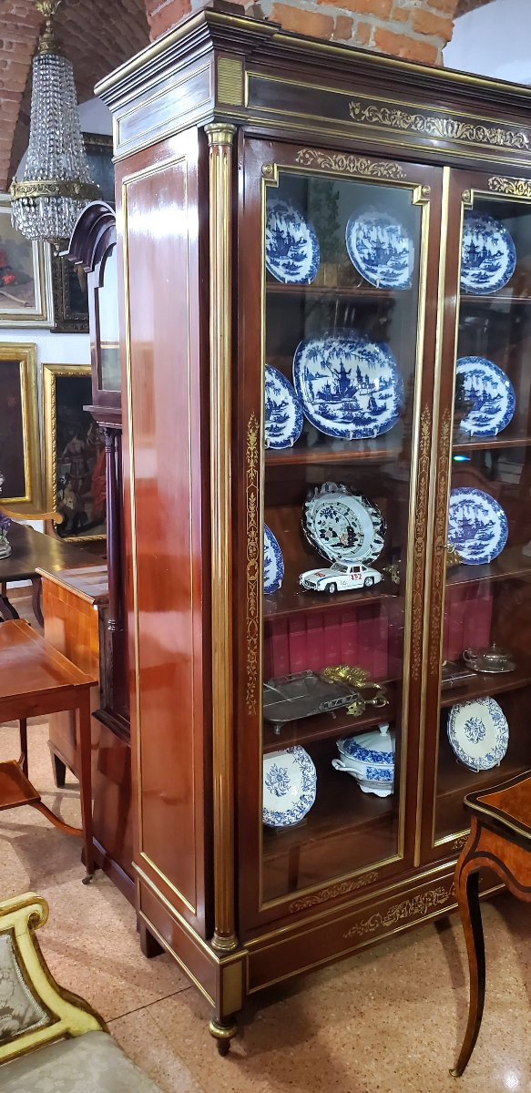 libreria Napoleone III in mogano intarsiata in ottone cesellato-photo-1