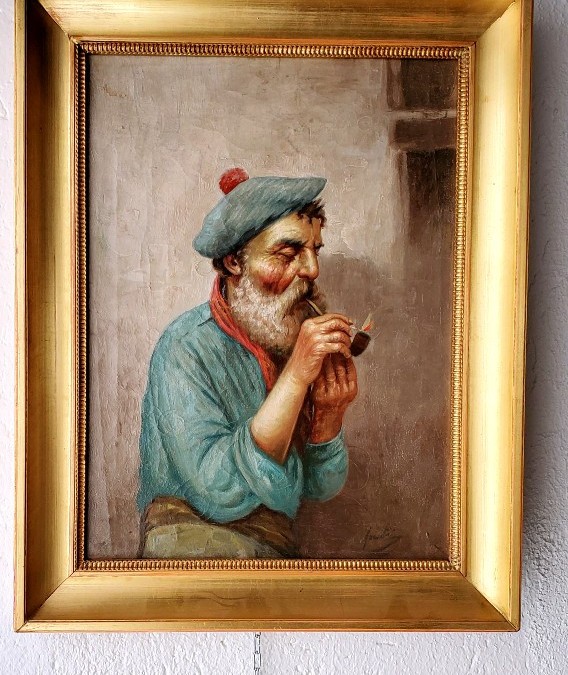 Dipinto olio su tela raffigurante marinaio