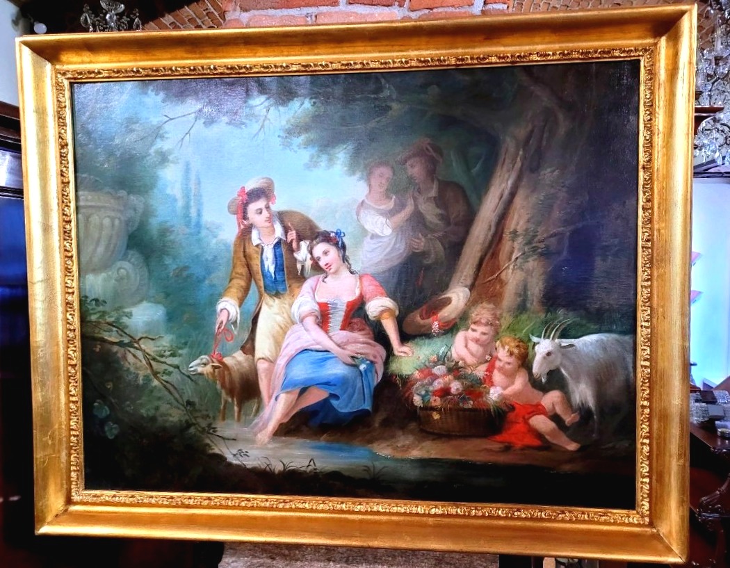Dipinto olio su tela raffigurante scena romantica epoca Carlo x