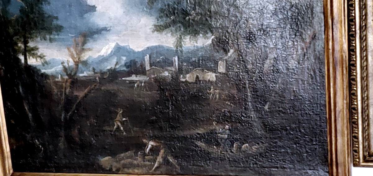 Dipinto raffigurante paesaggio con personaggi al lavoro epoca 1750 circa-photo-2