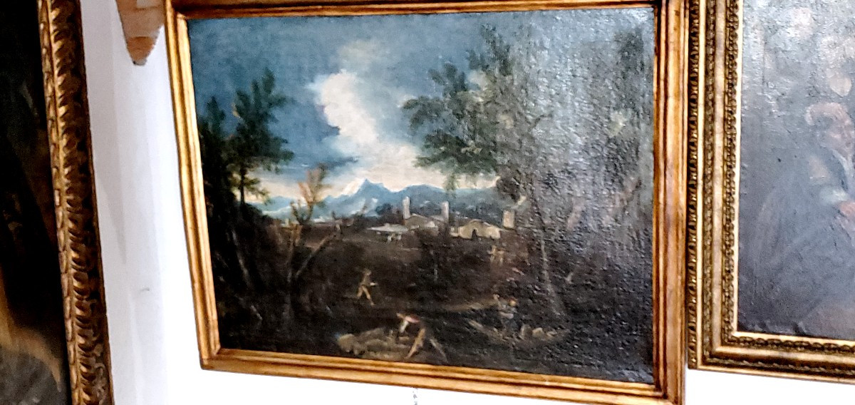 Dipinto raffigurante paesaggio con personaggi al lavoro epoca 1750 circa-photo-4
