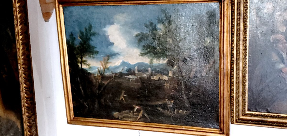Dipinto raffigurante paesaggio con personaggi al lavoro epoca 1750 circa-photo-2