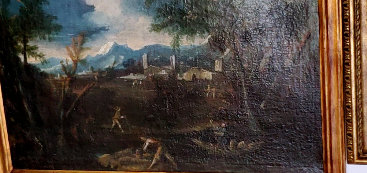 Dipinto raffigurante paesaggio con personaggi al lavoro epoca 1750 circa-photo-3