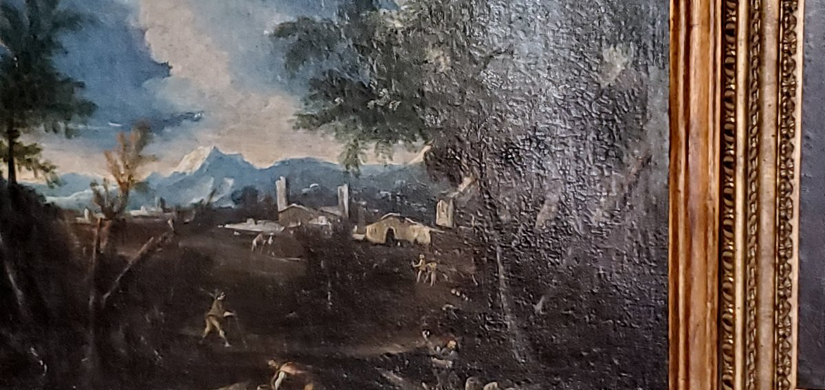 Dipinto raffigurante paesaggio con personaggi al lavoro epoca 1750 circa-photo-4