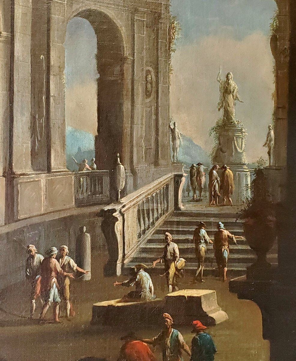 Dipinto olio su  tela raffigurante rovine architettoniche con personaggi epoca 1700-photo-2