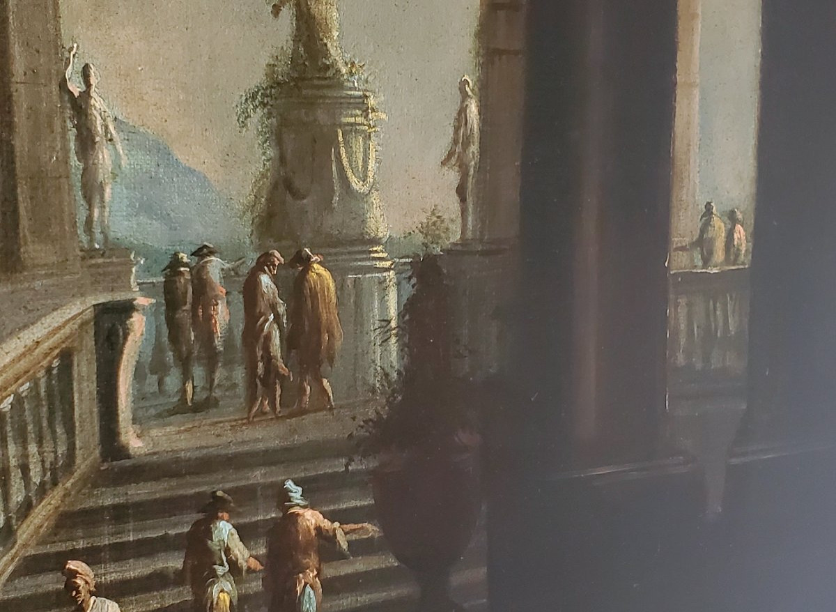 Dipinto olio su  tela raffigurante rovine architettoniche con personaggi epoca 1700-photo-7