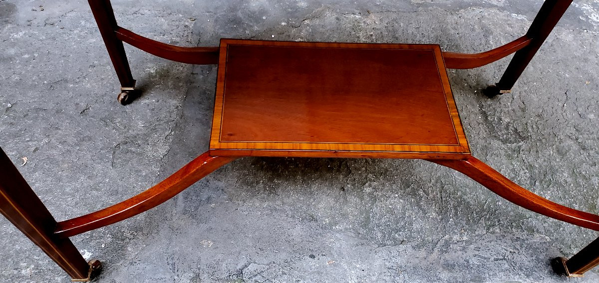  Antico tavolino Inglese in Mogano ,intarsiato in legno di satinwood ,epoca 1840 circa -photo-2
