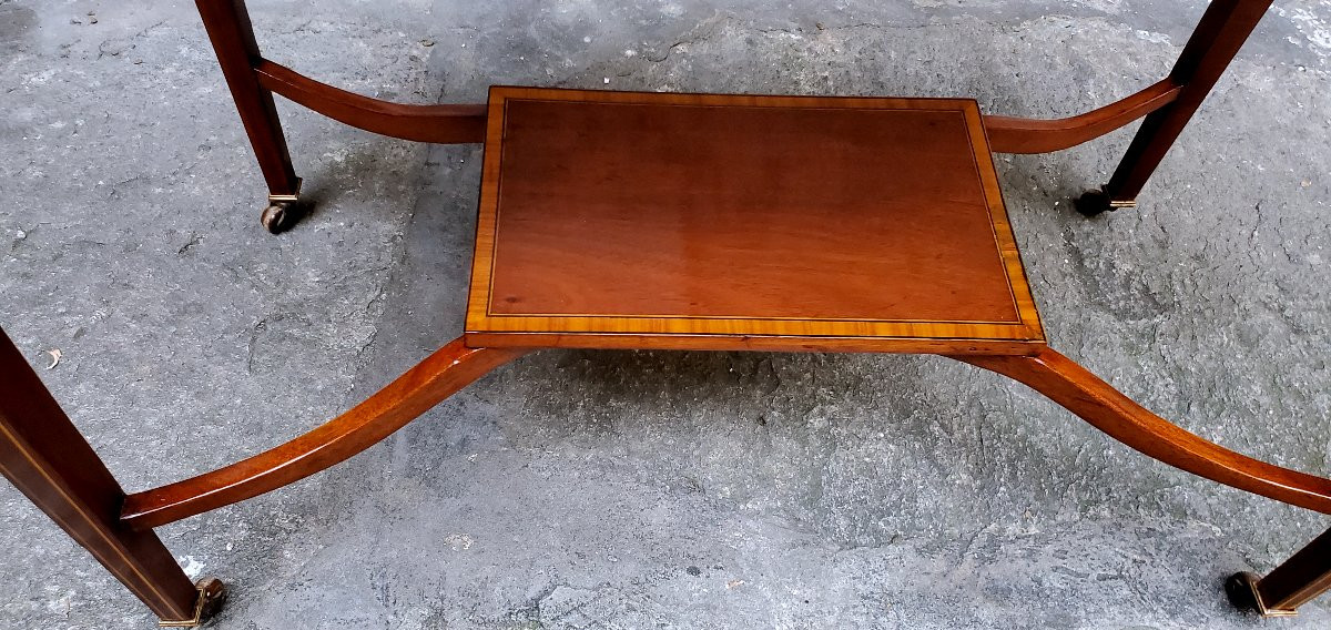  Antico tavolino Inglese in Mogano ,intarsiato in legno di satinwood ,epoca 1840 circa -photo-3