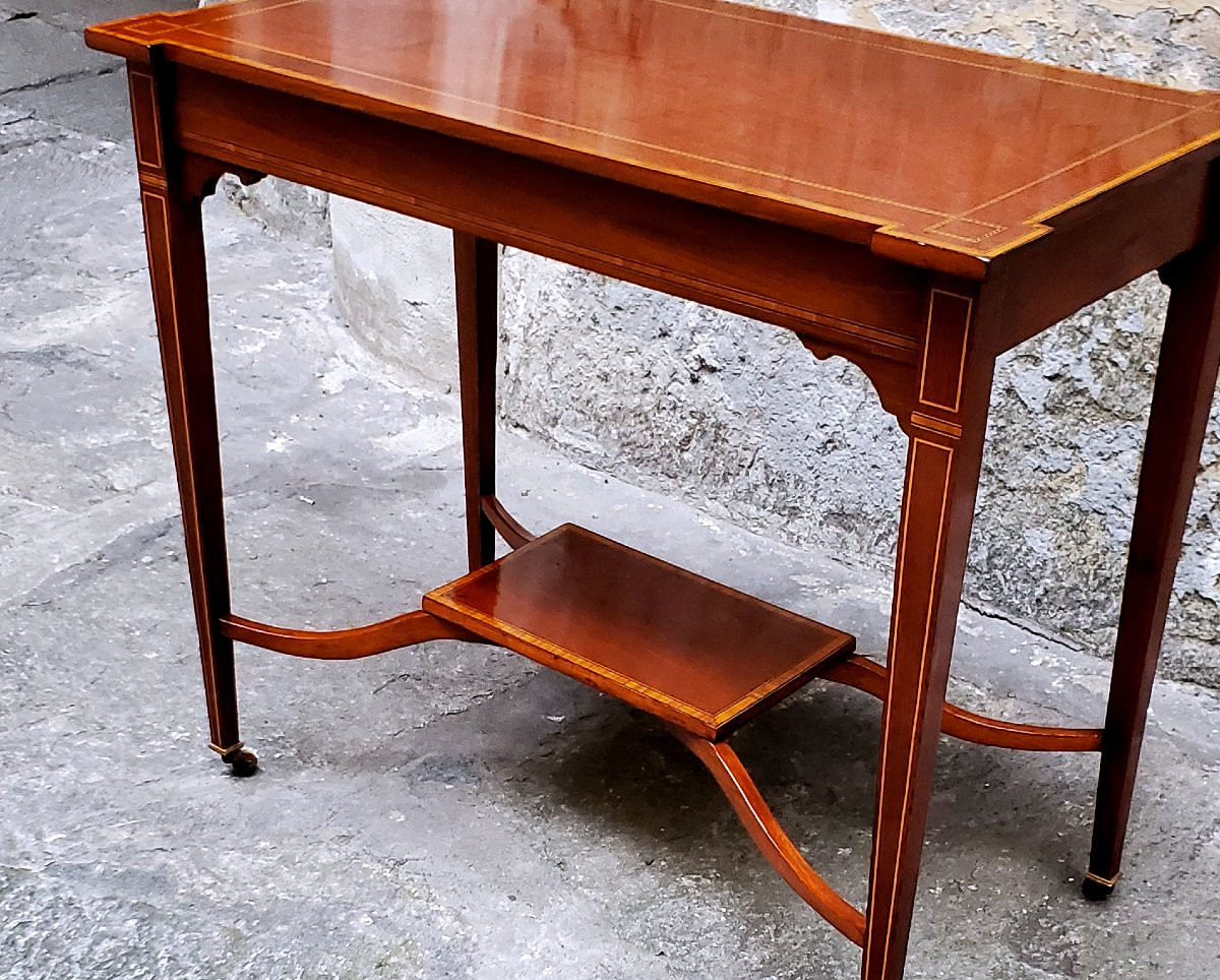  Antico tavolino Inglese in Mogano ,intarsiato in legno di satinwood ,epoca 1840 circa -photo-5