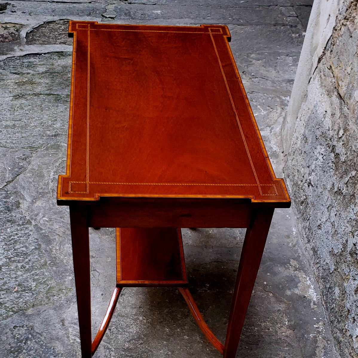  Antico tavolino Inglese in Mogano ,intarsiato in legno di satinwood ,epoca 1840 circa -photo-6