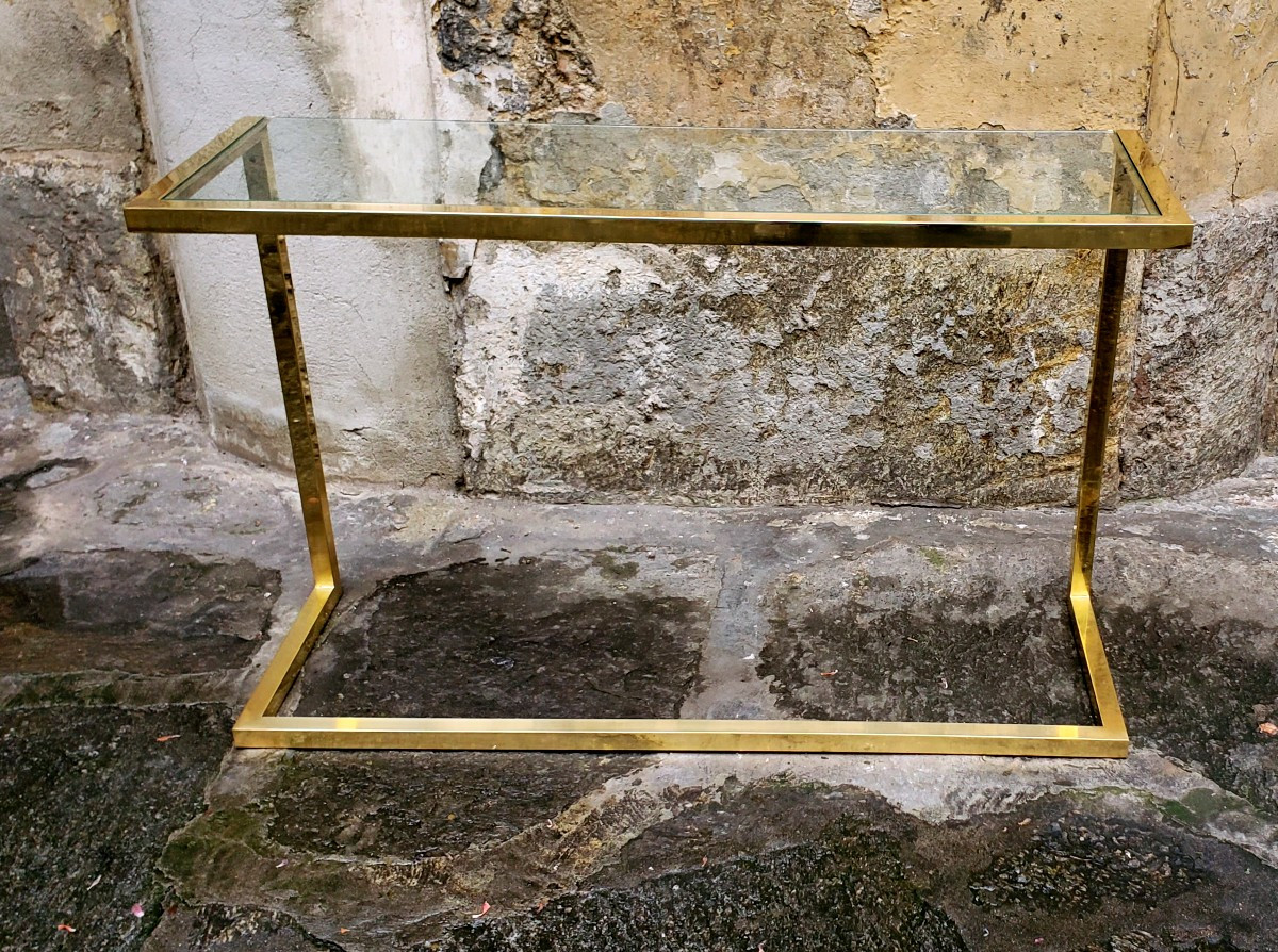 Consolle  in ottone ,piano in vetro ,anni 1970 
