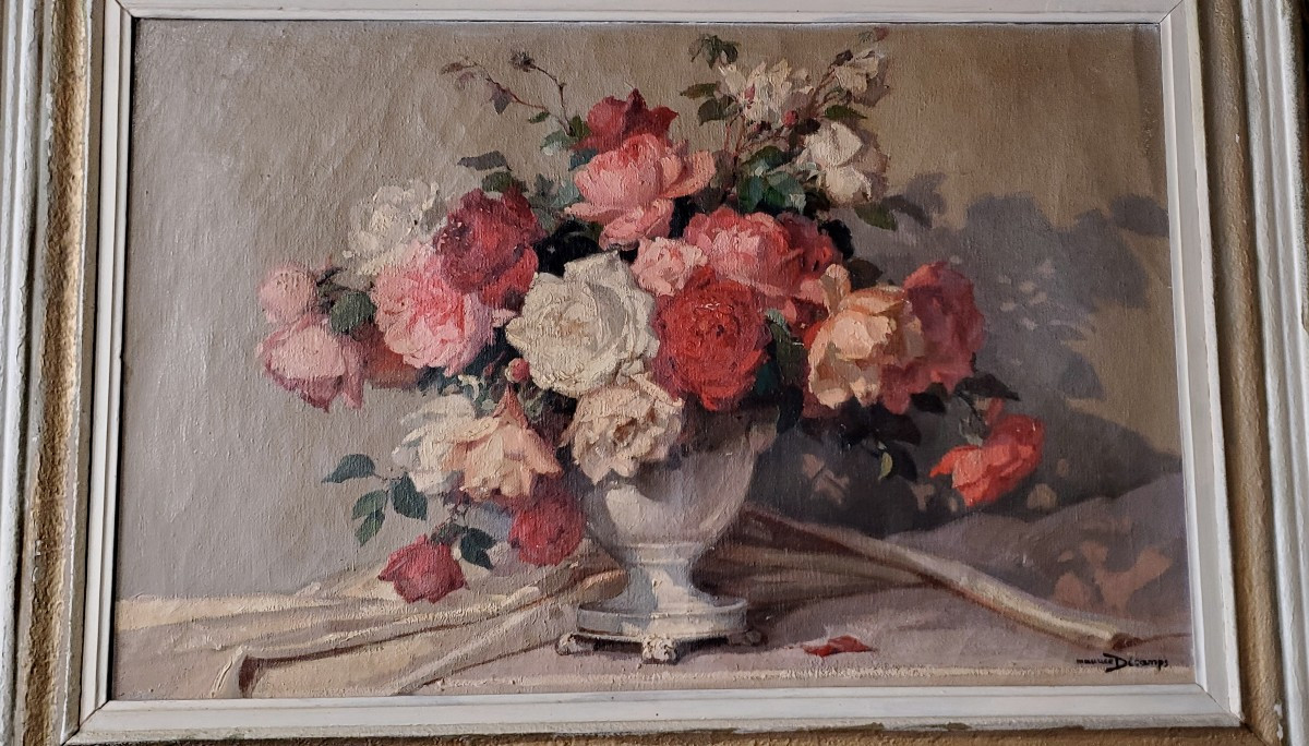 dipinto olio su tela soggetto floreale firmato Maurice Decamps -photo-3