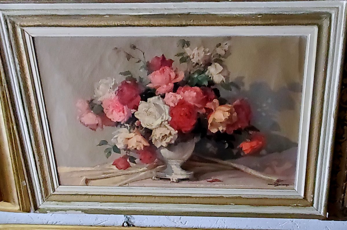 dipinto olio su tela soggetto floreale firmato Maurice Decamps -photo-1